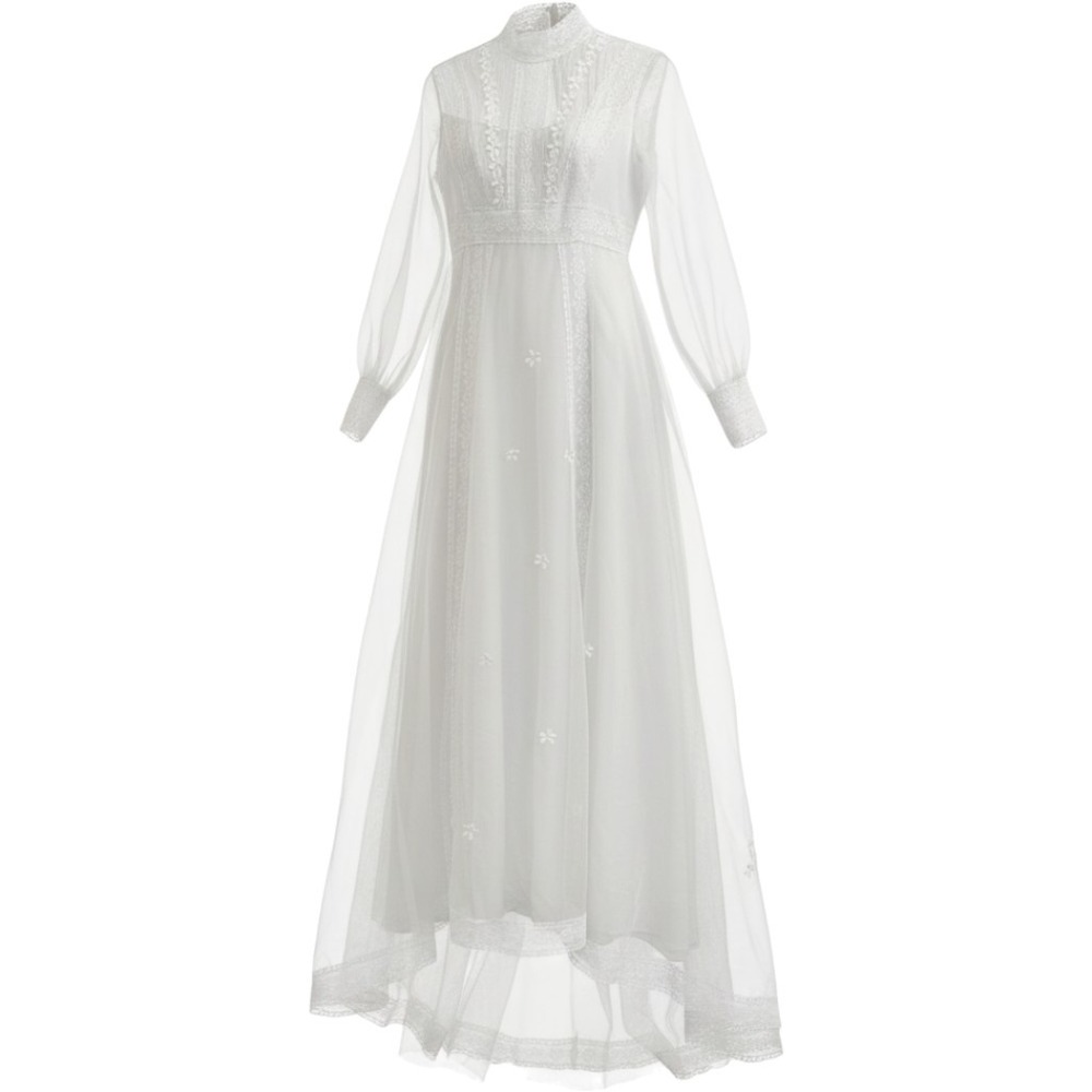Vintage 60s 70s Wedding Dress S White Lace Sheer Long Sleeve Prairie Cottagecore